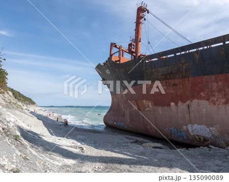 August 22 2025 Cargo ship RIO grounded near the shore of Kabardinka on the Black Sea coast Russia. Large vessel stranded close to the coastline after a maritime incident 135090089
