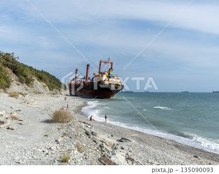 August 22 2025 Cargo ship RIO grounded near the shore of Kabardinka on the Black Sea coast Russia. Large vessel stranded close to the coastline after a maritime incident August 22 2025 Cargo ship RIO grounded near the shore of Kabardinka on the Black Sea coast Russia. Large vessel stranded close to the coastline after a maritime incident 135090093