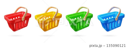 Color cartoon 3d shopping carts. Plastic supermarket baskets with handles angle view for purchases, render glossy style, container for purchases, grocery and shop delivery, classy vector set Color cartoon 3d shopping carts. Plastic supermarket baskets with handles angle view for purchases, render glossy style, container for purchases, grocery and shop delivery, classy vector set 135090121