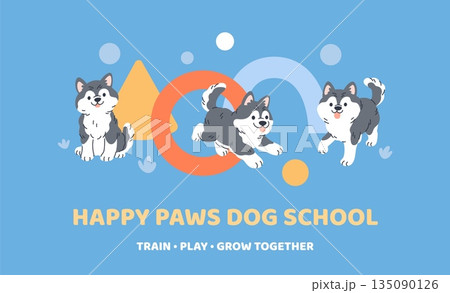 Dog school poster. Funny little huskies, cute fluffy puppies, pet training and education, animal behavior correction, banner design, garish vector cartoon flat style isolated concept Dog school poster. Funny little huskies, cute fluffy puppies, pet training and education, animal behavior correction, banner design, garish vector cartoon flat style isolated concept 135090126