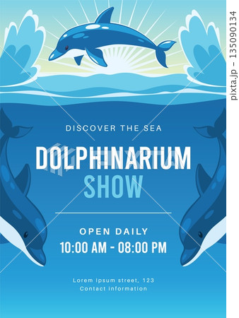 Dolphinarium performance invitation. Dolphins underwater show program, trained marine animals entertainment show, performing tricks, poster design, tidy vector cartoon flat concept Dolphinarium performance invitation. Dolphins underwater show program, trained marine animals entertainment show, performing tricks, poster design, tidy vector cartoon flat concept 135090134