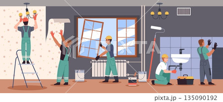 Home interior renovation. Professional builders and repairmen, workers glue wallpaper, install windows and plumbing in apartment, tidy vector cartoon isolated teamwork contraction concept Home interior renovation. Professional builders and repairmen, workers glue wallpaper, install windows and plumbing in apartment, tidy vector cartoon isolated teamwork contraction concept 135090192