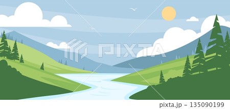 Summer nature landscape. Green simple background with fields, hills, river and trees, flat style panoramic horizontal banner, natural scene, forest panorama qualitative vector concept Summer nature landscape. Green simple background with fields, hills, river and trees, flat style panoramic horizontal banner, natural scene, forest panorama qualitative vector concept 135090199