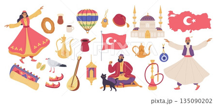 Turkey country traditional elements. Middle east culture symbols and products, national food, clothing and architecture, folk dancers, heritage and traditions garish vector cartoon flat set 135090202