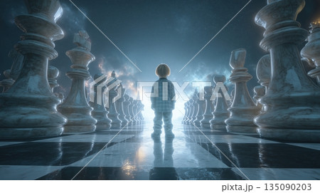 A child facing a giant glowing chessboard, generative ai illustration. Surreal concept symbolizing strategy, choices, and decision-making 135090203