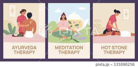 Alternative medicine cards. Ayurveda, meditation and hot stones benefits, non standard methods of recovery, healthy life, calm care and wellness service cartoon flat style garish vector set 135090256