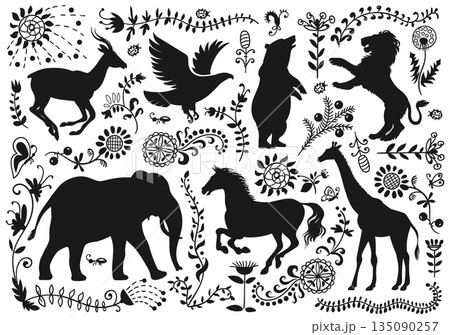 Animals silhouettes with flowers. Wild fauna shapes with decorative elements, floral natural plants, floral ornaments, botanical folk art giraffe and lion, splendid vector flat set 135090257