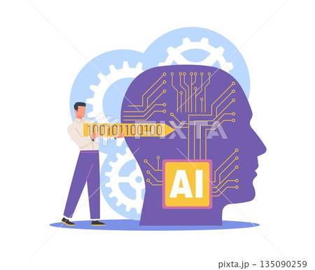 Artificial Intelligence engineer. Programmer enters binary code into self learning program, AI development, machine learning programming and processing, vector cartoon concept 135090259