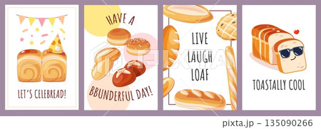 Cartoon bread cards. Flour products of various types, rolls, toasts, loaves and baguette, fresh bakery, tasty pastries, bakery marketing and packaging design, classy vector isolated set 135090266