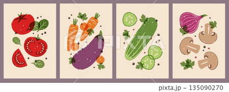 Contemporary vegetables cards. Whole and sliced cucumbers, fresh tomatoes, mushrooms and carrots, vegetarian food compositions, healthy cuisine for menu, poster and print classy vector set 135090270