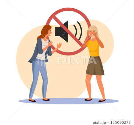 Deafness and hearing loss. Girl tries to shout at her deaf friend, negative communication mute sign and prohibition symbol, silence rules, neighbors conflict vector cartoon concept Deafness and hearing loss. Girl tries to shout at her deaf friend, negative communication mute sign and prohibition symbol, silence rules, neighbors conflict vector cartoon concept 135090272