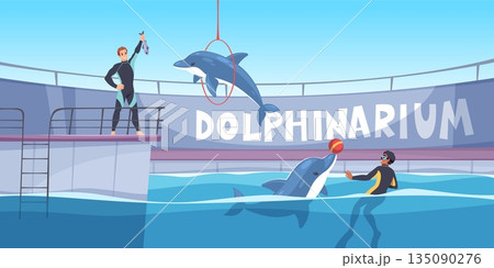 Dolphinarium training. Trainers work with marine animals in pool, men in aqua suits on platform, dolphin jumping through ring, ball tricks performance, tidy vector cartoon isolated concept Dolphinarium training. Trainers work with marine animals in pool, men in aqua suits on platform, dolphin jumping through ring, ball tricks performance, tidy vector cartoon isolated concept 135090276