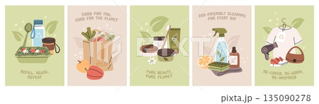 Eco friendly lifestyle products. Multiple use packaging, natural cosmetics, recycled materials, environment care, green cleaning, responsible business garish vector cards cartoon flat set Eco friendly lifestyle products. Multiple use packaging, natural cosmetics, recycled materials, environment care, green cleaning, responsible business garish vector cards cartoon flat set 135090278