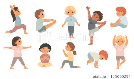 Funny children practice yoga. Kids in different gymnastic poses, physical development and health, flexibility fitness exercises, balance and wellness garish vector cartoon flat style set Funny children practice yoga. Kids in different gymnastic poses, physical development and health, flexibility fitness exercises, balance and wellness garish vector cartoon flat style set 135090294