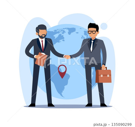 International business cooperation. Businessmen shake hands, successful deal, partnership agreement, negotiation, corporate success world map on background cartoon isolated vector concept 135090299
