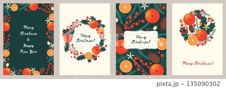 Mandarin christmas cards. Fresh orange citrus, wreaths and frames, winter holidays spirit, twigs, berries and fruits decor, decorative background with text tidy vector isolated set 135090302