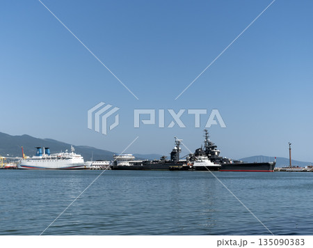 Novorossiysk Russia September 20 2025: The cruiser Mikhail Kutuzov moored in the city port. Historic Soviet Project 68bis museum ship 135090383