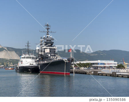 Novorossiysk Russia September 20 2025: The cruiser Mikhail Kutuzov moored in the city port. Historic Soviet Project 68bis museum ship 135090386