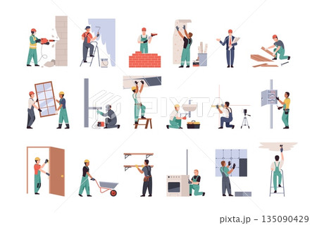 Renovation of houses. Workers in overalls paint walls, glue wallpaper, install plumbing, bricks laid, ceilings window installation, carpentry and welding, tidy vector cartoon isolated set Renovation of houses. Workers in overalls paint walls, glue wallpaper, install plumbing, bricks laid, ceilings window installation, carpentry and welding, tidy vector cartoon isolated set 135090429