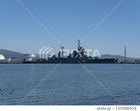 Novorossiysk Russia September 20 2025: The cruiser Mikhail Kutuzov moored in the city port. Historic Soviet Project 68bis museum ship 135090458