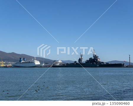 Novorossiysk Russia September 20 2025: The cruiser Mikhail Kutuzov moored in the city port. Historic Soviet Project 68bis museum ship Novorossiysk Russia September 20 2025: The cruiser Mikhail Kutuzov moored in the city port. Historic Soviet Project 68bis museum ship 135090460