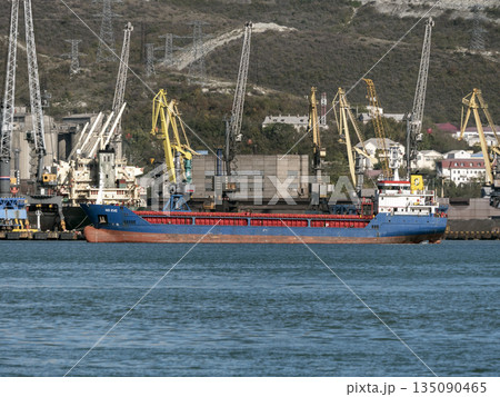 August 22 2025 Cargo ship NS EVE docked in the port of Novorossiysk Russia on the Black Sea coast. Commercial vessel moored near the harbor August 22 2025 Cargo ship NS EVE docked in the port of Novorossiysk Russia on the Black Sea coast. Commercial vessel moored near the harbor 135090465