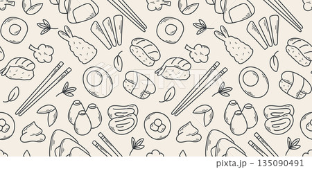 Seamless pattern with sushi, sashimi, tempura and maki Seamless pattern with sushi, sashimi, tempura and maki 135090491