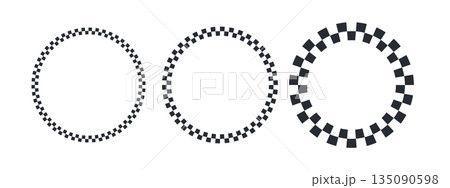 Round checkered frames with black and white racing pattern. Circular borders featuring classic checkerboard design for motorsport graphics and vintage decoration projects. 135090598