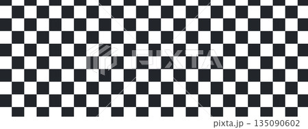 Classic checkered flag pattern with bold black and white squares, perfect for racing themes, retro designs, and seamless backgrounds with timeless checker appeal. 135090602