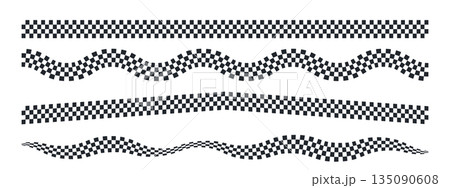 Checkered race flag waves and straight ribbons. Finish line patterns in classic black-white squares. F1 circuit banner graphics for motorsport winner celebrations. 135090608