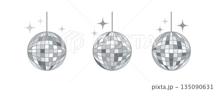 Mirror disco balls set isolated on white. Ideal for party invitations, dance club logos, nightlife posters, and music event graphics with retro vibe. 135090631
