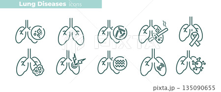 Medical line icon collection showing pulmonary diseases, breathing disorders, and chest conditions. Vector symbols for healthcare, oxygen therapy, and chronic illness awareness. Medical line icon collection showing pulmonary diseases, breathing disorders, and chest conditions. Vector symbols for healthcare, oxygen therapy, and chronic illness awareness. 135090655