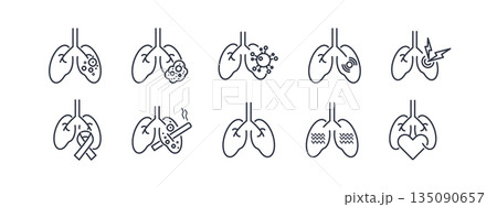 Lung health icons depicting respiratory conditions like asthma, bronchitis, and COPD. Editable outline pictograms for medical screening and pulmonary function design. Lung health icons depicting respiratory conditions like asthma, bronchitis, and COPD. Editable outline pictograms for medical screening and pulmonary function design. 135090657