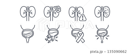 Urology icon set featuring kidney and bladder disease symbols. Medical outline graphics for renal health, urinary tract infections, and cancer awareness materials. 135090662