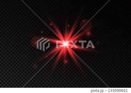 Bright red light glow with laser beam effects and radiant flare bursts creating dramatic illumination against dark background with sparkling rays Bright red light glow with laser beam effects and radiant flare bursts creating dramatic illumination against dark background with sparkling rays 135090681
