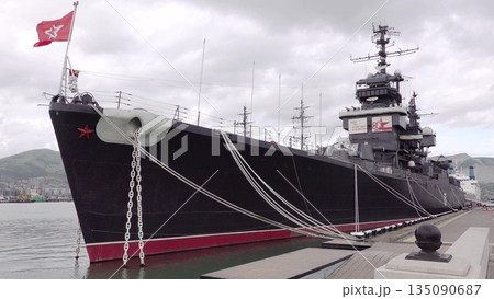 Novorossiysk Russia September 20 2025: The cruiser Mikhail Kutuzov moored in the city port. Historic Soviet Project 68bis museum ship. Editorial use only 135090687