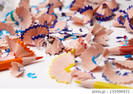 Pencil shavings scattered on white, symbolizing art, creativity, and education Pencil shavings scattered on white, symbolizing art, creativity, and education 135090972