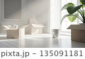 観葉植物と段ボールが並ぶ明るい新生活の白い室内空間 135091181