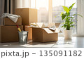 観葉植物と段ボールが並ぶ明るい新生活の白い室内空間 135091182
