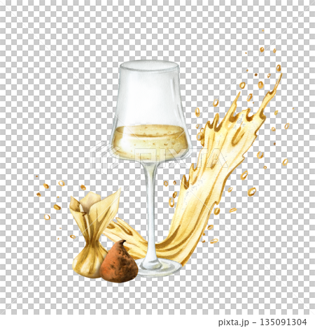 Glass of sparkling wine, bubbly with chocolate truffle candy. Golden yellow dynamic splash of liquid. Hand drawn watercolor festive champagne illustration isolated from background. For birthday party 135091304
