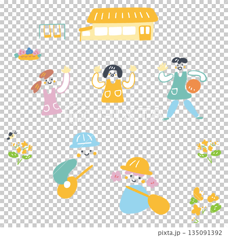 Spring kindergarten life and play! Illustration set of smiling nursery teachers and children. Perfect for kindergarten newsletters and enrollment applications. 135091392