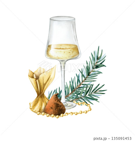 Glass of sparkling wine, bubbly with chocolate truffle candy, spruce brunch, golden beads. Watercolor champagne illustration with fir twig. Art isolated from background. Christmas festive composition Glass of sparkling wine, bubbly with chocolate truffle candy, spruce brunch, golden beads. Watercolor champagne illustration with fir twig. Art isolated from background. Christmas festive composition 135091453