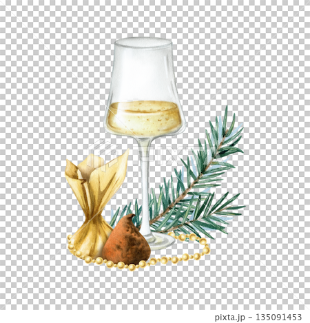 Glass of sparkling wine, bubbly with chocolate truffle candy, spruce brunch, golden beads. Watercolor champagne illustration with fir twig. Art isolated from background. Christmas festive composition Glass of sparkling wine, bubbly with chocolate truffle candy, spruce brunch, golden beads. Watercolor champagne illustration with fir twig. Art isolated from background. Christmas festive composition 135091453
