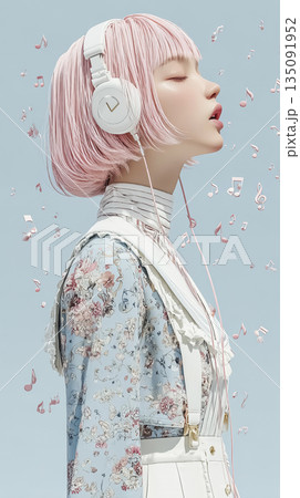 絵美シリーズ：音楽に包まれて歌う女性｜ヘッドホンとミュージックの縦型イラスト 135091952