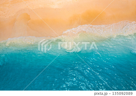 Relaxing aerial beach, summer vacation tropical Mediterranean landscape banner. Waves surf amazing blue ocean lagoon, sea shore coastline. Beautiful aerial drone top view. Peaceful beach, seaside surf Relaxing aerial beach, summer vacation tropical Mediterranean landscape banner. Waves surf amazing blue ocean lagoon, sea shore coastline. Beautiful aerial drone top view. Peaceful beach, seaside surf 135092089