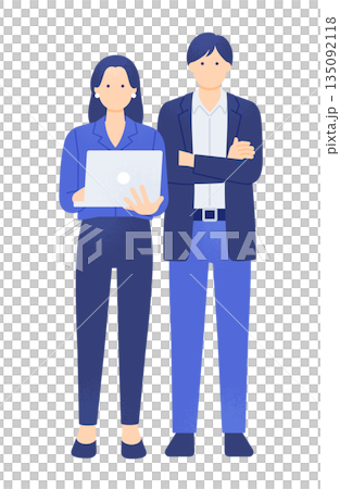 一位女士手持筆記型電腦,一位男士雙手交叉抱在胸前。這是IT工程師或顧問的典型形象。 一位女士手持筆記型電腦,一位男士雙手交叉抱在胸前。這是IT工程師或顧問的典型形象。 135092118