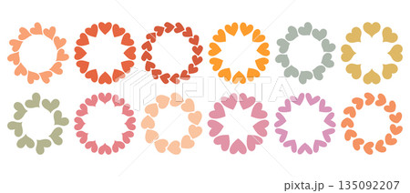 Simple circular frame set made of bold hearts shapes arranged in a clean, modern ring. Minimal and playful design perfect for Valentines Day, love themed graphics, cards, stickers, and invitations Simple circular frame set made of bold hearts shapes arranged in a clean, modern ring. Minimal and playful design perfect for Valentines Day, love themed graphics, cards, stickers, and invitations 135092207