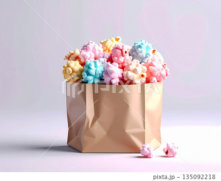 Fast food in cinema. Popcorn in a paper bag. Bright food for movie theaters. Fast food in cinema. Popcorn in a paper bag. Bright food for movie theaters. 135092218