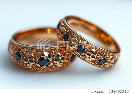 Pair of gold wedding rings with a skull pattern on a white background. Original style. 135092219