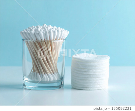Daily feminine hygiene. White cotton swabs and reusable cotton pads neatly stacked on a white background. 135092221